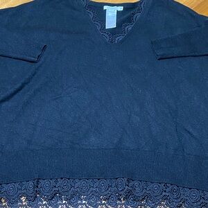 Chico's Black V-Neck Sweater with Lace Trim